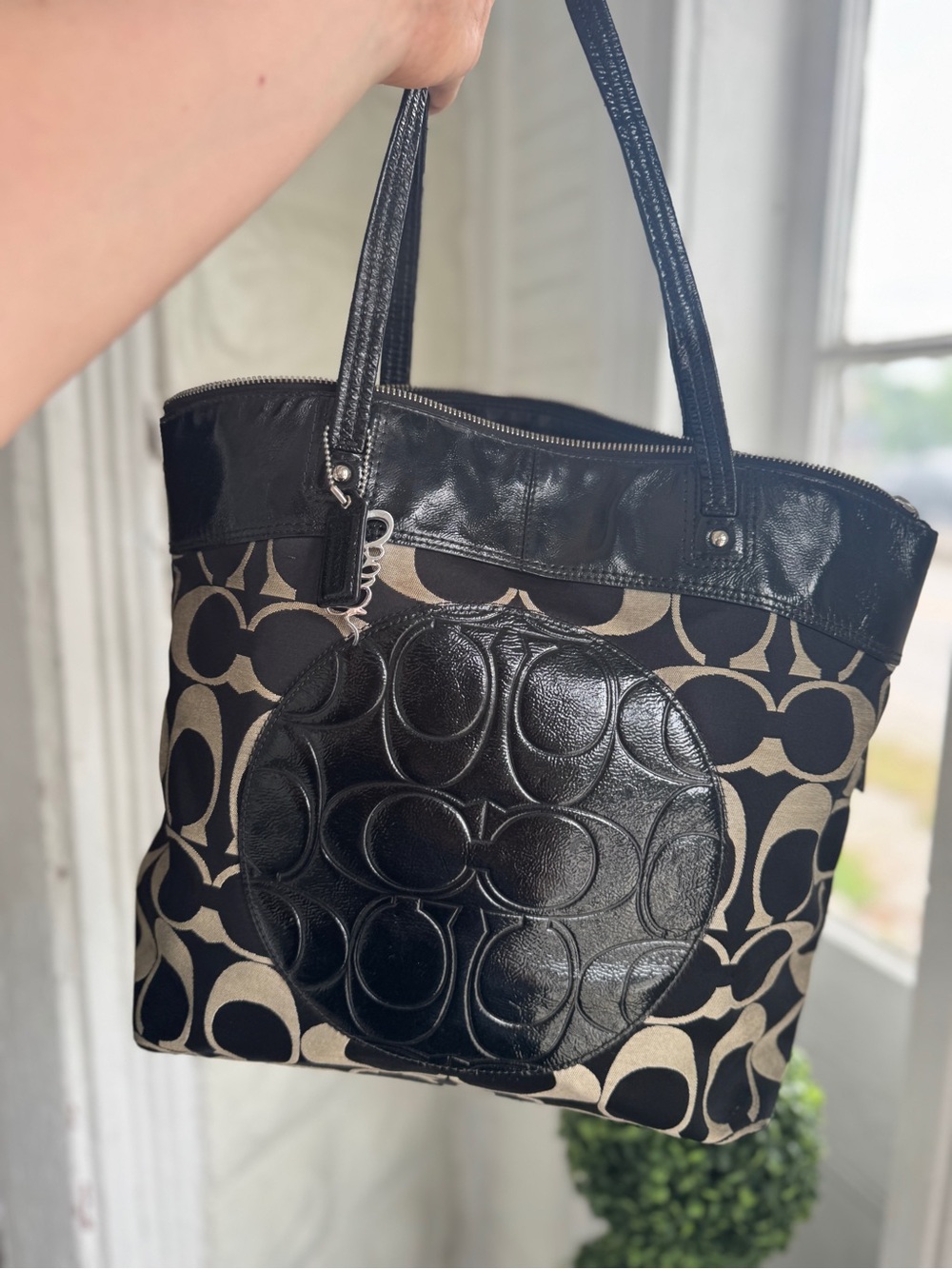 Coach Black and Khaki Signature Tote with Leather Appliqué